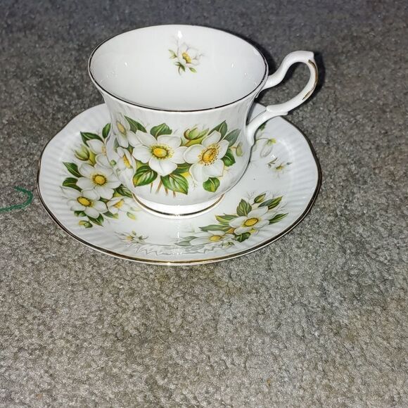 VINTAGE Royal Dover Bone China Teacup & Saucer Dogwoods w Gold Trim England - Picture 1 of 9